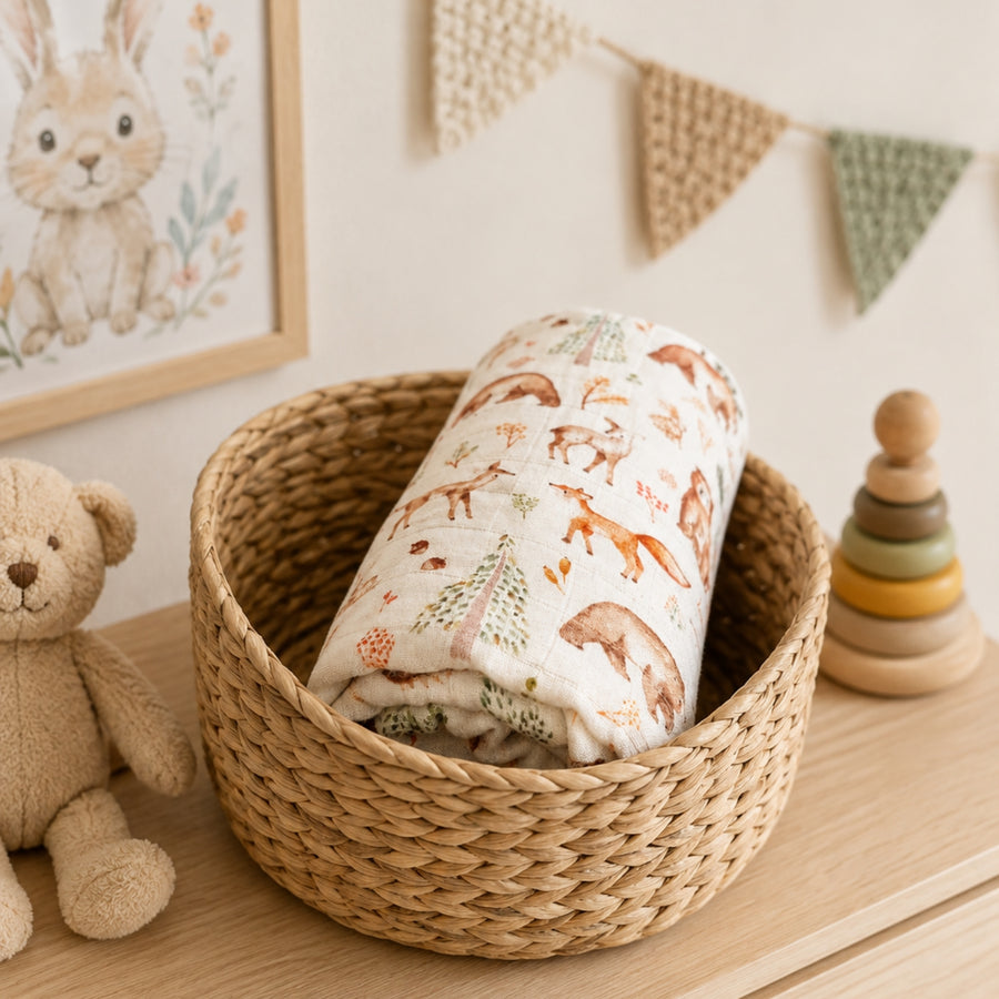 Swaddle Manta de Bambú y Algodón Animales del bosque 120 x 110 cm