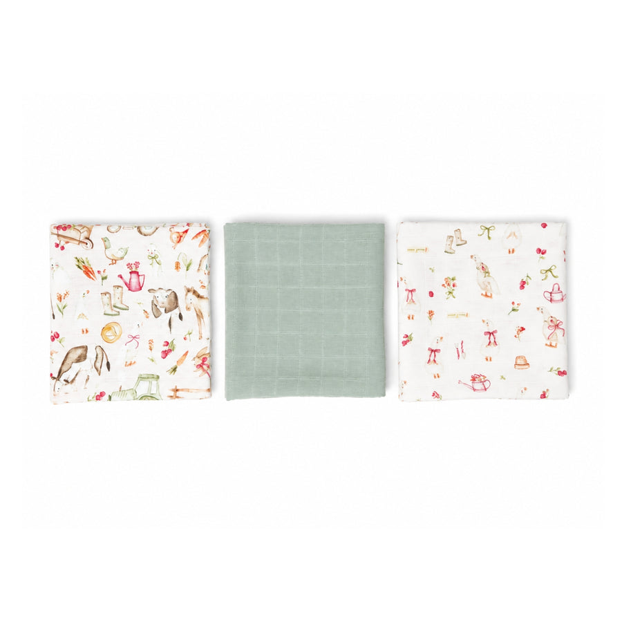 Set 3 Tutos de Muselina Amigos de la granja 60 x 60 cm