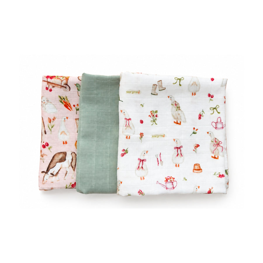 Set 3 Tutos de Muselina Amigos de la granja 60 x 60 cm