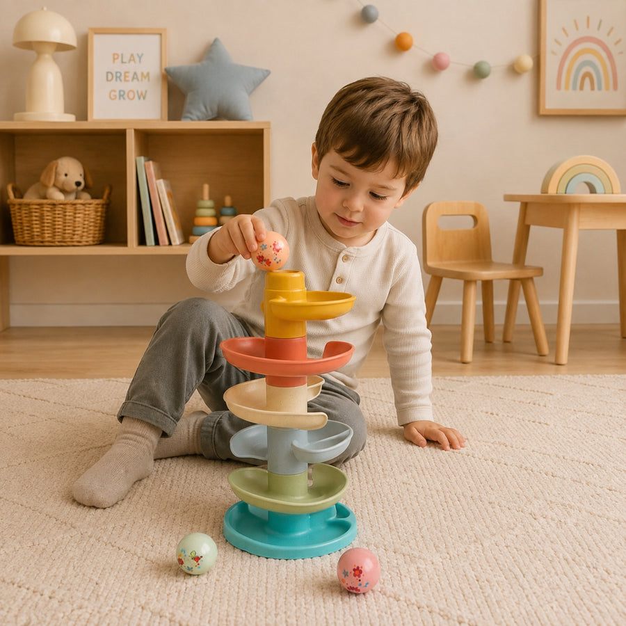 Torre espiral con pelotas sonajeras